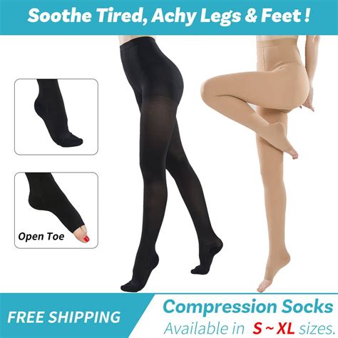 1 2 Pairs Compression Pantyhose 23-32 mmHg Opaque Graduated Support Hose Stocking for Relieve ...