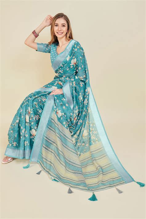 Buy Teal Linen Floral Printed Zari Saree 45601 Online | Karagiri