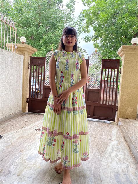 Floral Hand Block Print Neo Green Cotton Maxi Dress Tiered Dress ...