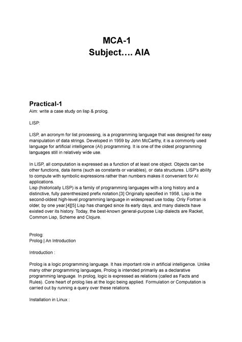Aia soft-1 - Practical - MCA- Subject.... AIA Practical- Aim: write a ...