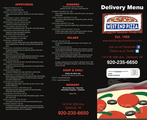 Menu for West End Pizza in Oshkosh, WI | Sirved