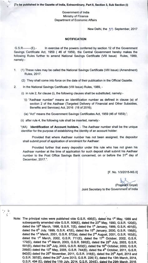 Inclusion of Aadhaar in Small Savings Schemes KVP/NSC/PPF : Finance ...