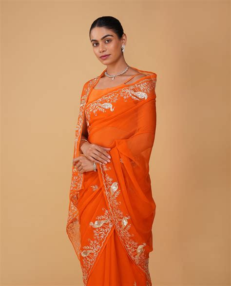 ORANGE CHIFFON SAREE WITH AARI PIPE, AND SEQUINS HAND EMBROIDERED BORD ...