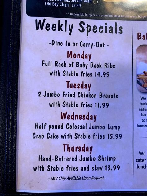 Menu at The Corner Stable restaurant, Cockeysville