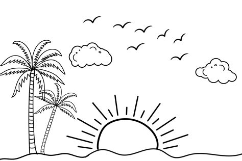 Summer sunset tropical beach line art vector illustration, hand drawn ...
