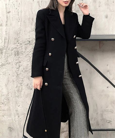 Black Double Breasted Slim Waist Wool Blend Long Coat – Vivian Seven