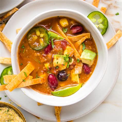Healthy Vegan Taco Soup with Baked Tortilla Strips - Debra Klein