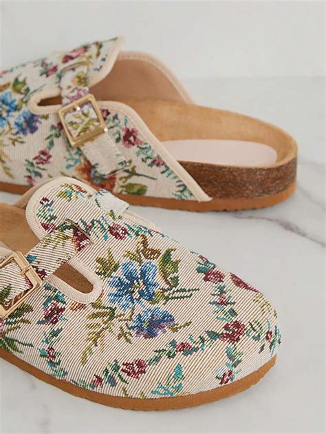 SHUZIA Women's Trendy Floral Print Round Toe Cork Footbed Slide Clogs ...