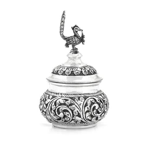 925 Oxidised Silver Kunguma Box Peacock Design - Silver Palace