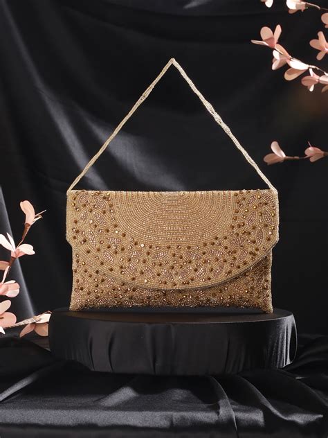 Jazz And Sizzle Golden Sequin Work Beaded Clutch Bag