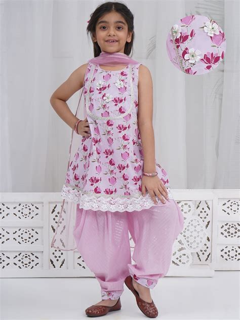 Girls Lavender Cotton Lotus Lacework Kurta Salwar Set | Festive Wear ...