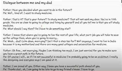 Write at least five dialogues between you and your father discussing ...