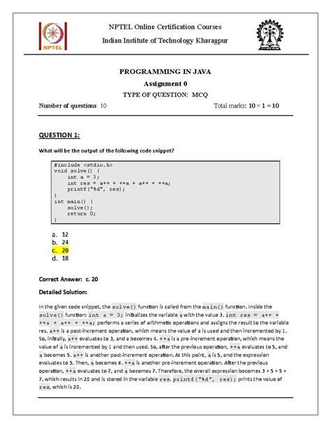 Programming in Java - Nptel - Assignments Solutions 2024 - PROGRAMMING ...