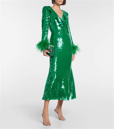 Feather-trimmed sequined midi dress in green - Self Portrait | Mytheresa