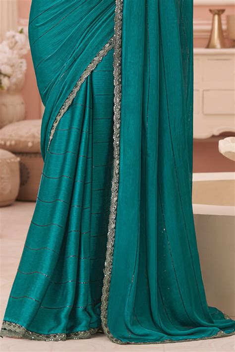 Rama Green Satin Saree with Embroidered Blouse – paanericlothing