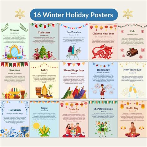 16 Winter Holidays Around the World, Digital Posters Set Christmas ...
