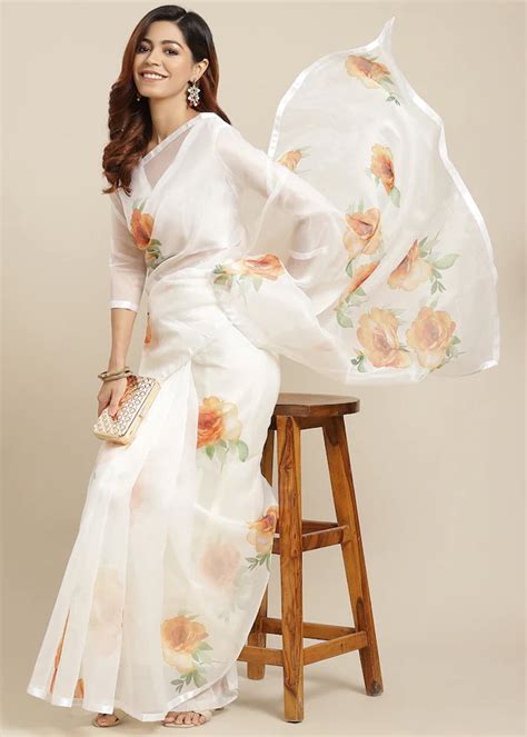 Get White And Orange Floral Printed Organza Saree at ₹ 1899 | LBB Shop