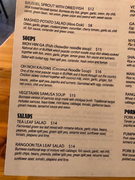 Menu at Rangoon Burmese kitchen restaurant, Honolulu
