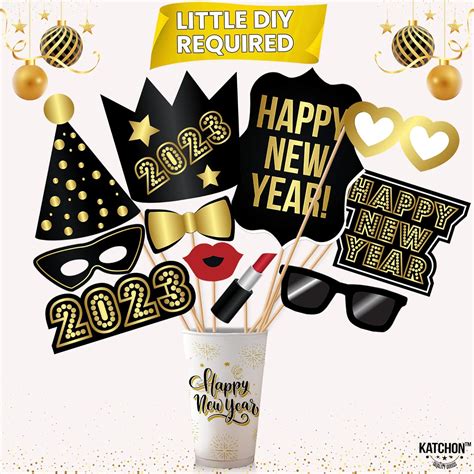 Buy Large, New Year Photo Booth Props 2023 – Pack of 26 | Black, Gold ...