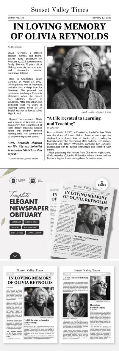 Free Elegant Newspaper Obituary Template for Google Docs and Microsoft ...
