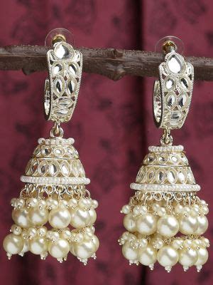 Buy OOMPH Gold Jadau Kundan & Pearl Ethnic Lrage Drop Jhumka Earrings ...