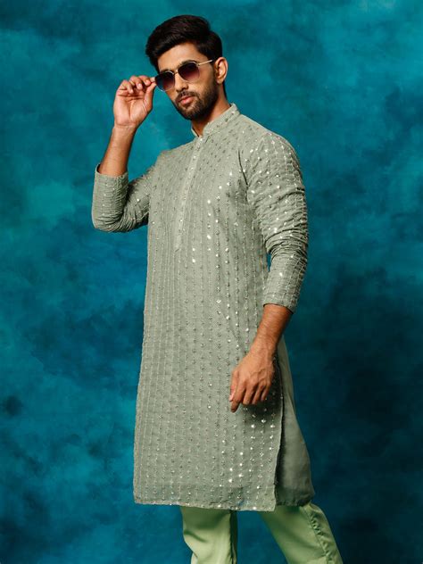 Men's Mint Green Georgette Sequins Kurta – vastramay