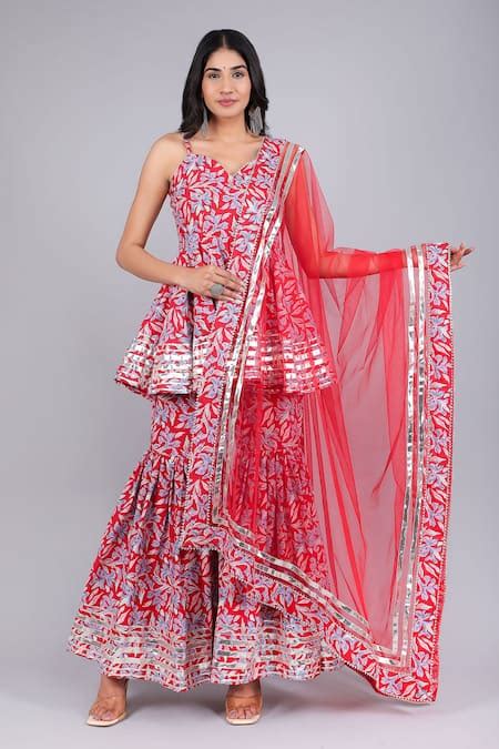 Buy Red Cotton, Net Zari Floret Print Anarkali Sharara Set For Women by ...