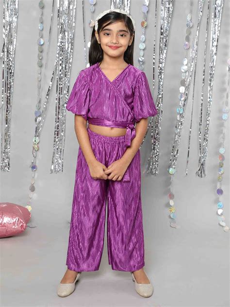 Shop Pleated Puff Sleeves Overlap Crop Top And Pant Set-Purple Online ...