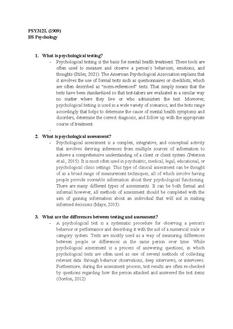 HW1 - PSY312L (1909) BS Psychology 1. What is psychological testing? - Psychological testing is ...