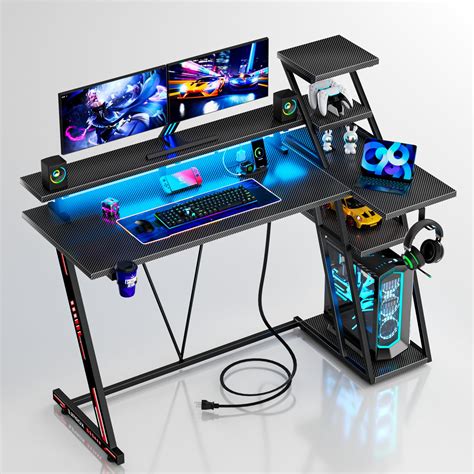 Amazon.com: Reversible Corner Gaming Desk with LED Lights & Power ...
