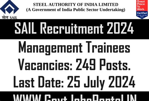 SAIL Recruitment 2024: Apply for 249 E1 Grade Management Trainee ...