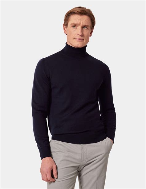 Men's Navy Roll Neck Merino Sweater - Machine Washable | Hawes & Curtis