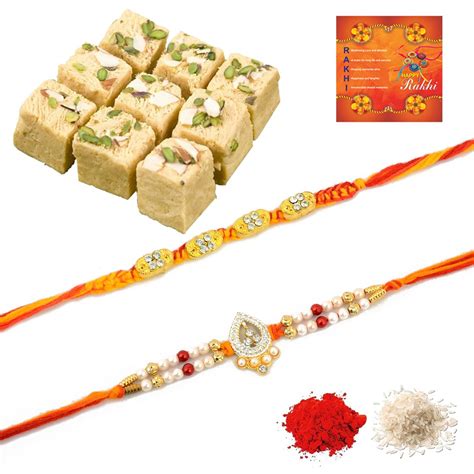 Rakhi Wala Rakhi Gift Packs Soan Papdi 400Gm with Multicolor 2pc. Stone ...