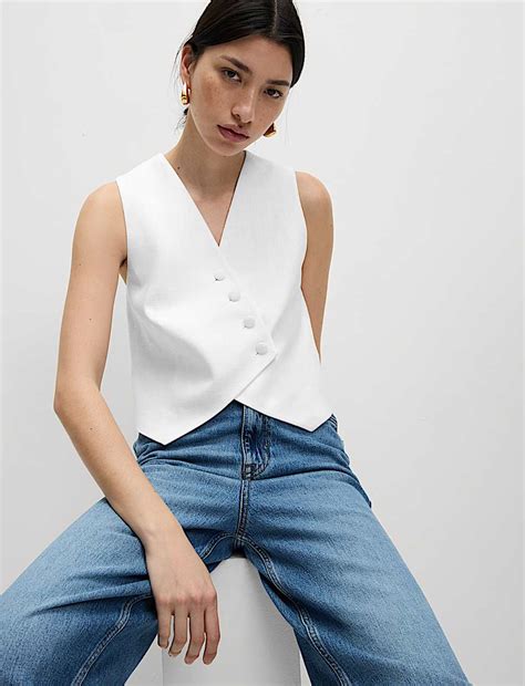 Buy Linen Rich Twill Textured Asymmetric Waistcoat at Marks & Spencer
