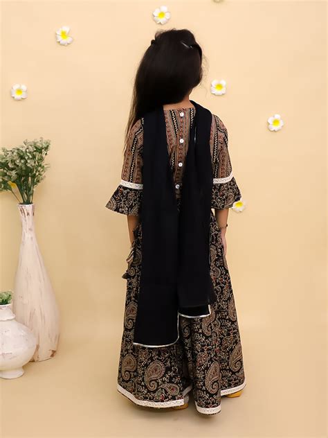 Black Kalamkari Girls Lehenga Set with Dupatta | Available On The Mom Store