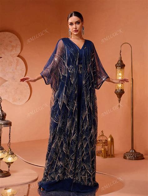 New Luxury Fashion Sequins Lace Sheer Mesh Turkish Long Robe 2-Piece ...