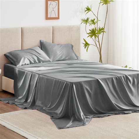 Love's cabin Full Size Satin Sheet Sets - 4 Piece Dark Grey Silky Satin ...