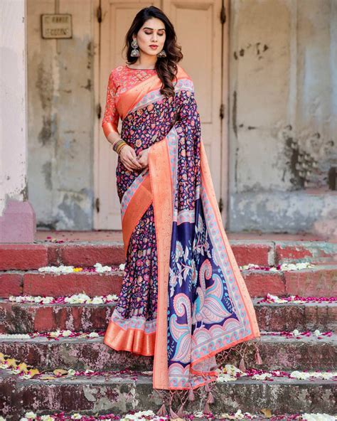 Navy Blue and Peach Tussar Silk Saree with Peacock Motifs an