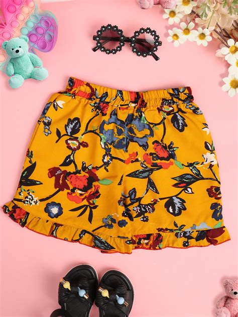 Cutiekins Girls Floral Print Embellished Short -Mustard & Multi