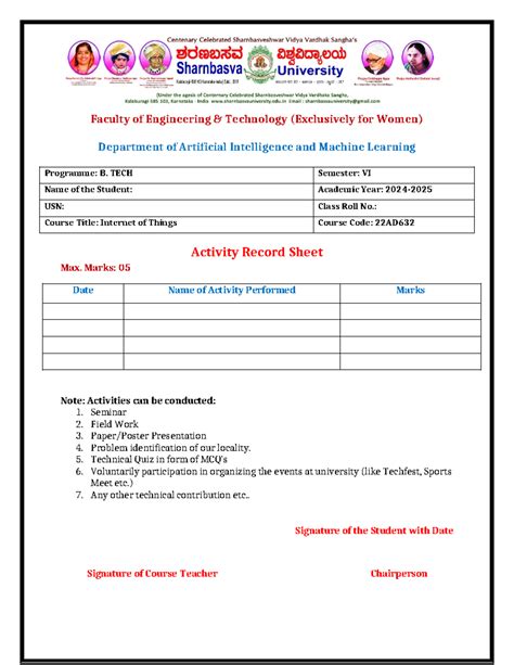 Seminar Activity Record Sheet for IoT (22AD632) - B. TECH VI - Studocu