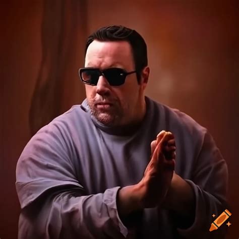 Stained glass of Kevin James doing famous shrug on Craiyon