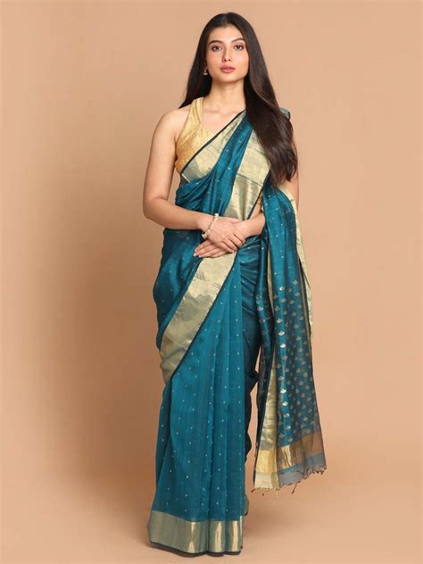 Chanderi Handloom Silk Cotton Saree - www.indethnic.com