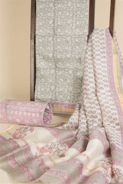 Grey Hand Block Printed Cotton 3-Piece Salwar Suit Material 10067444 ...
