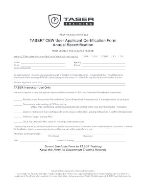 TASER CEW User Applicant Certification Form - Blank Fillable Template ...