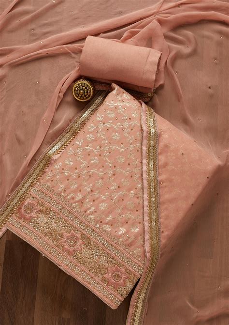 Buy Peach Zariwork Raw Silk Unstitched Salwar Suit - Koskii
