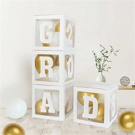 Decorações de Formatura 2025, 4 caixas de balões brancos com as letras ...