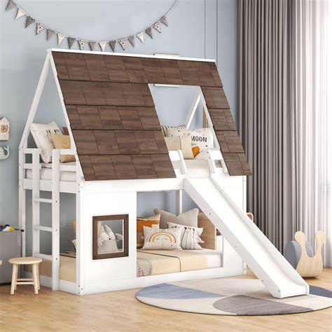 Harper & Bright Designs Kids Low House Bunk Bed with Slide, Wood Twin ...