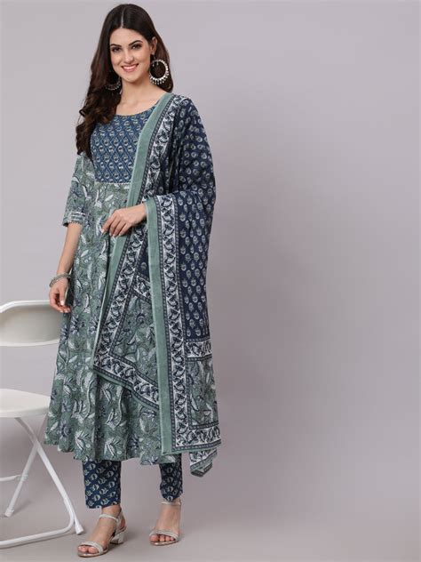 Green And Blue Printed Flared Kurta With Palazzo And Dupatta – Trendphoria
