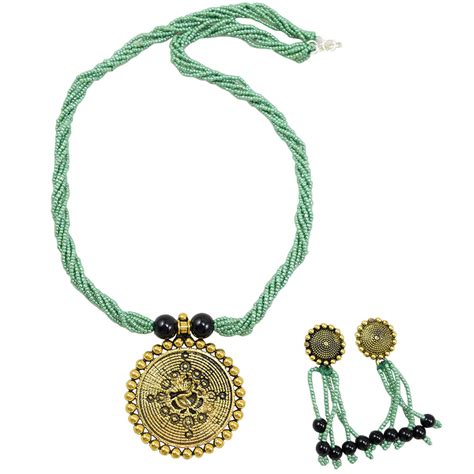 Turquoise Jeko Moti Antique Pendant Multi Strand Necklace & Earrings ...