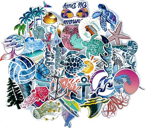 Buy Beach Stickers 50pcs, Blue Surfing Waves Fresh Lively Turtle Laptop ...